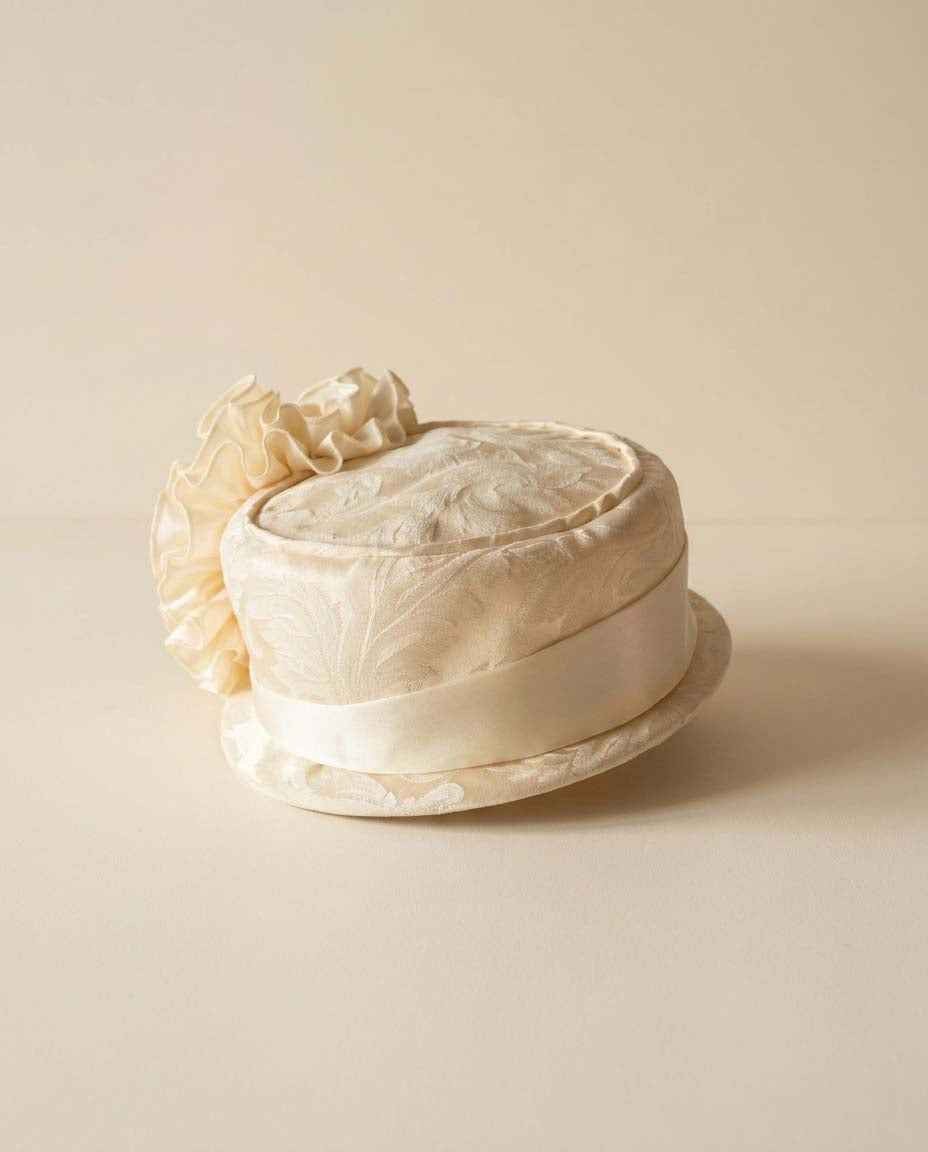 Vintage Ivory Pillbox Hat, Brocade Bridal Hat, Satin Cocktail Hat, Wedding Hat,
