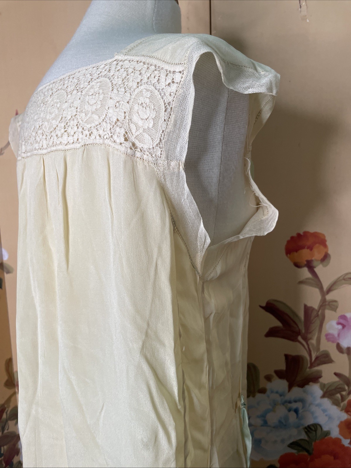 Antique Edwardian 1910s Nightgown Silk Lace Trim Maxi Lingerie Shift Dress 1900s