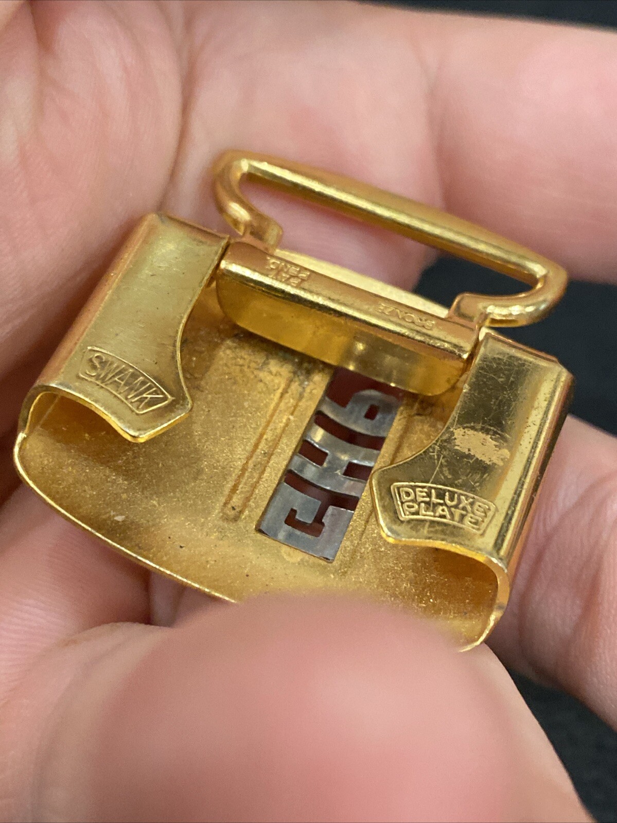 Vtg Art Deco Swank deluxe gold plate retro belt buckle Hammered Bronze GHP Mono