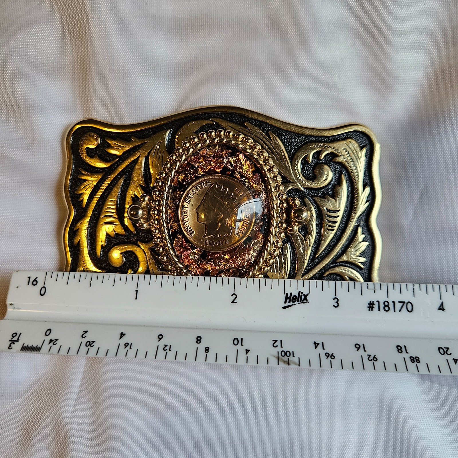 1907 Indian Head Penny Belt Buckle gold tone copper flecks and resin