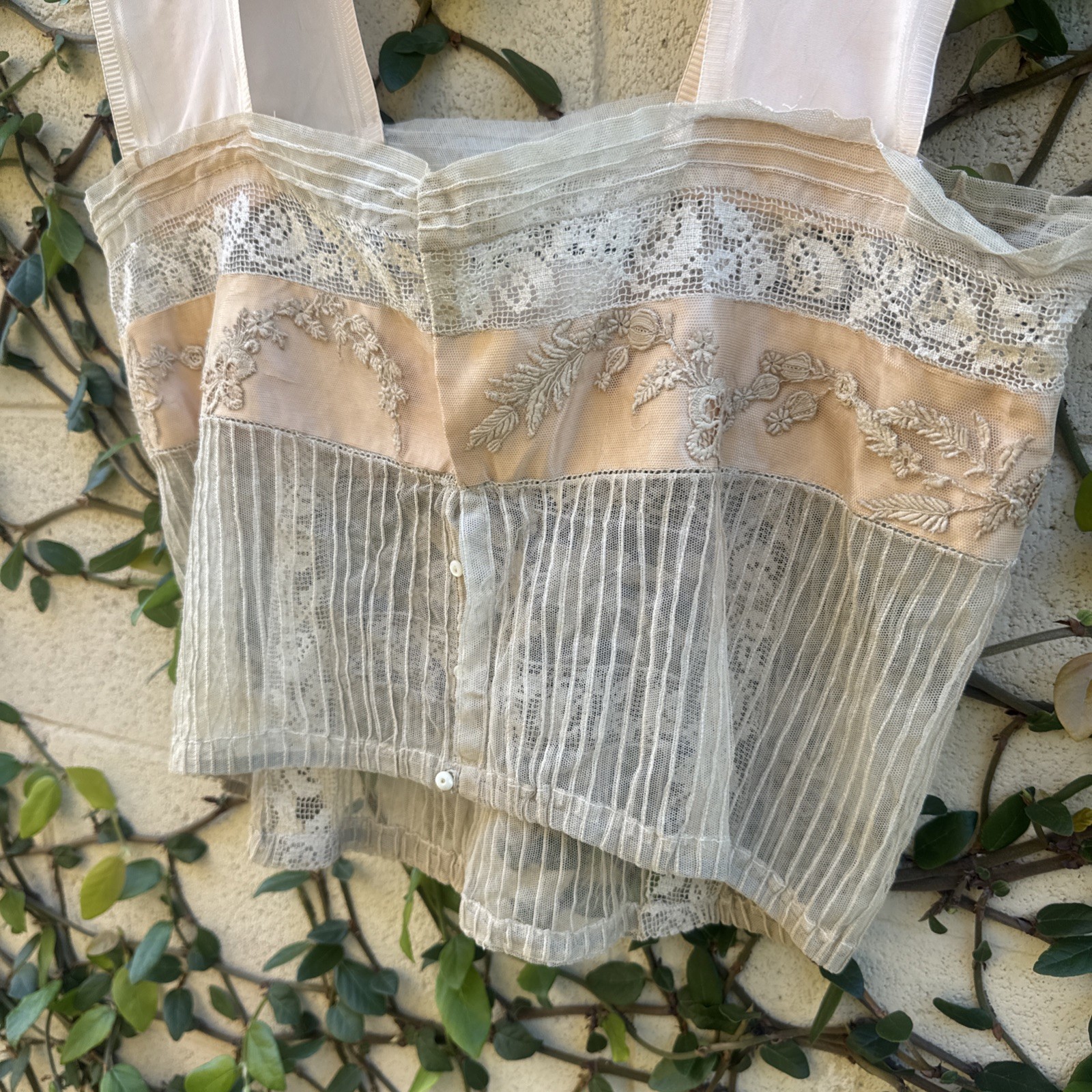 Antique Edwardian Mixed Net Lace Camisole Silk Flowers Dress Blouse Vintage
