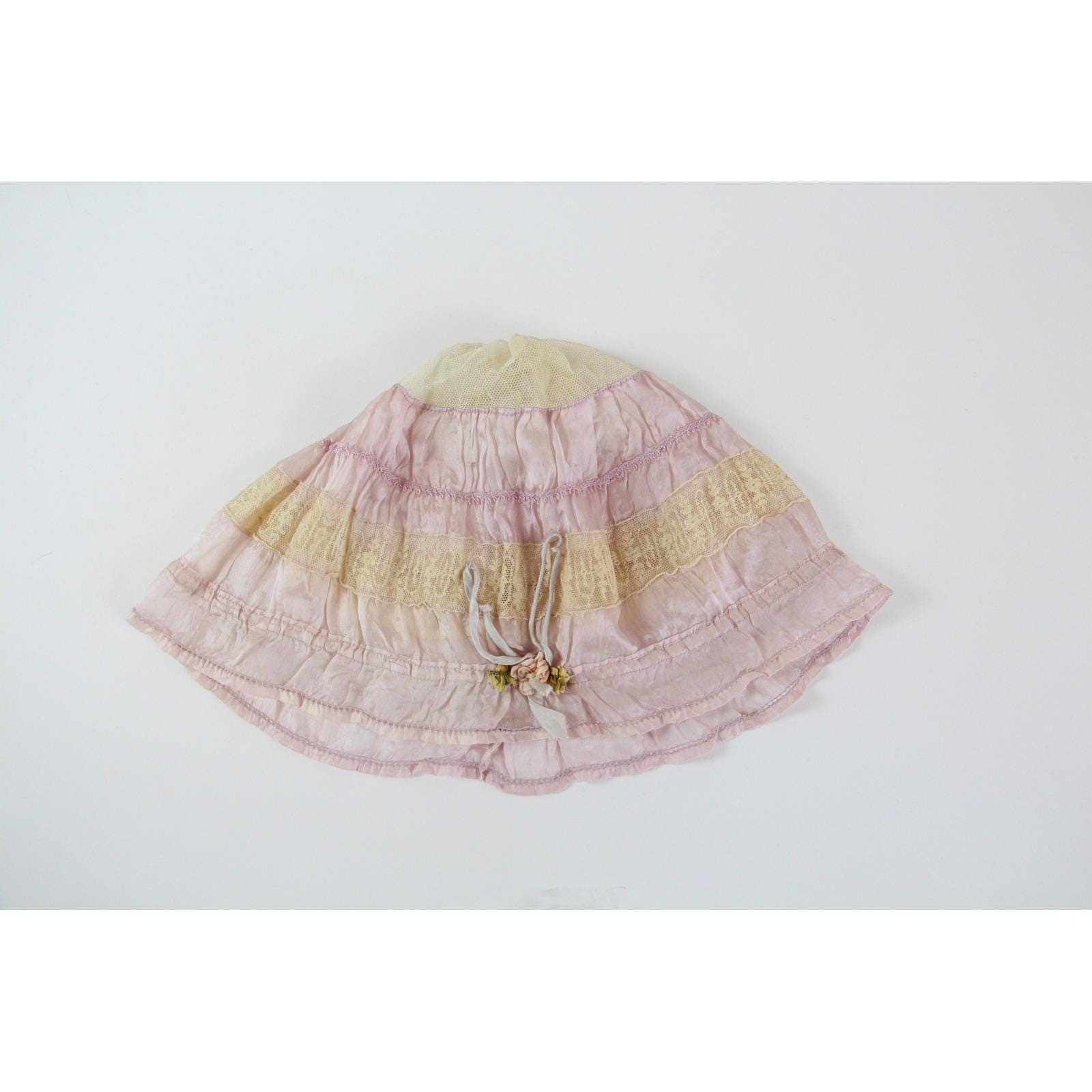 Vintage 1900s Silk Boudoir Cap Lace Edwardian Pink Ribbon Floral Lingerie Hat