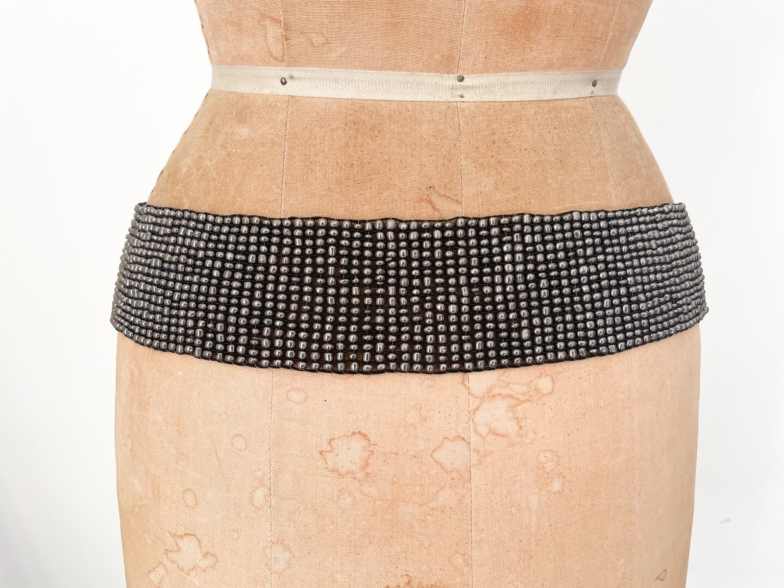 Vintage Boho Beaded Stretch Belt Silver Beads Wooden Hand Carved Buckle OS