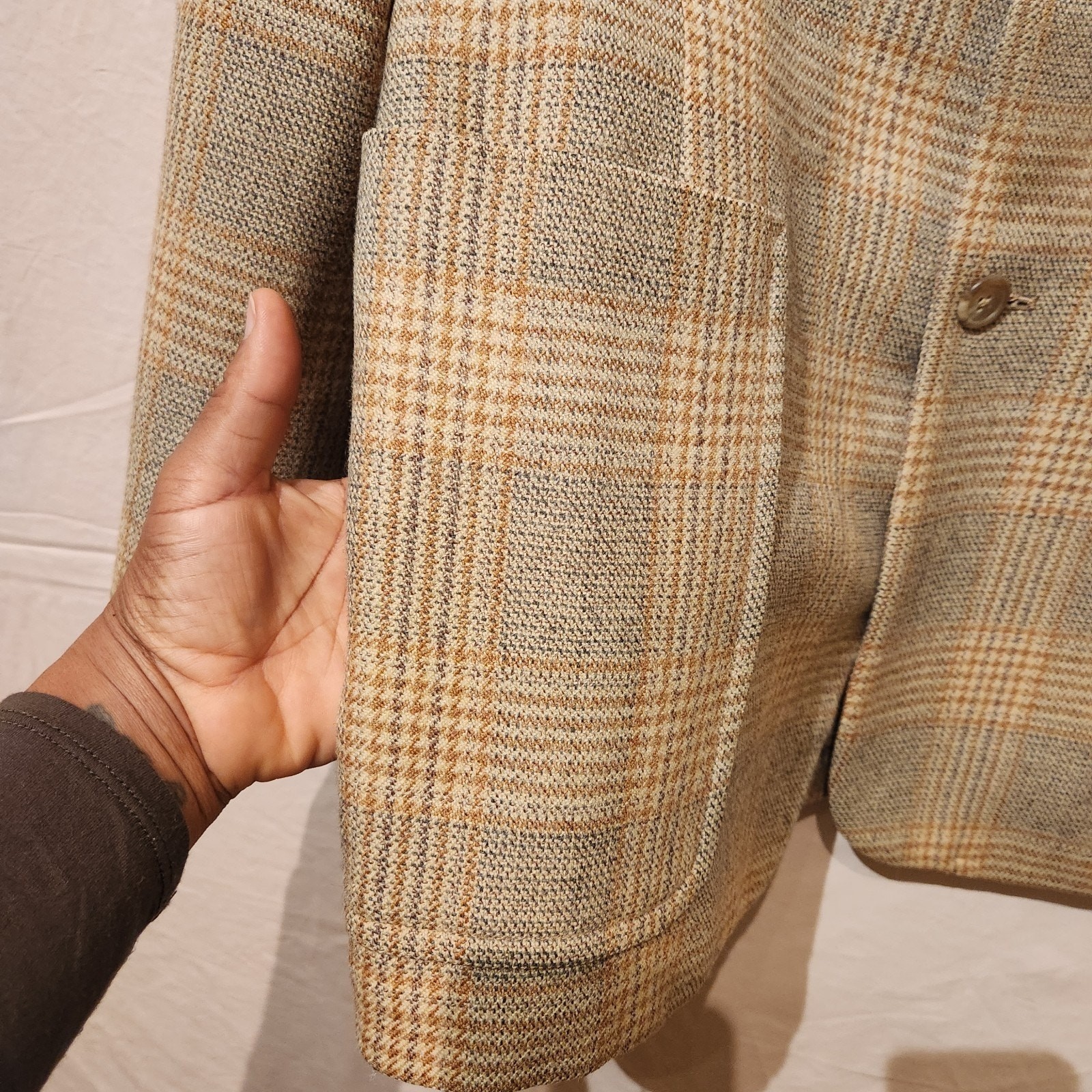 Vintage Saks Fifth Avenue Tan Sz Large Wool Large Pocket Tweed Sport Coat Jacket