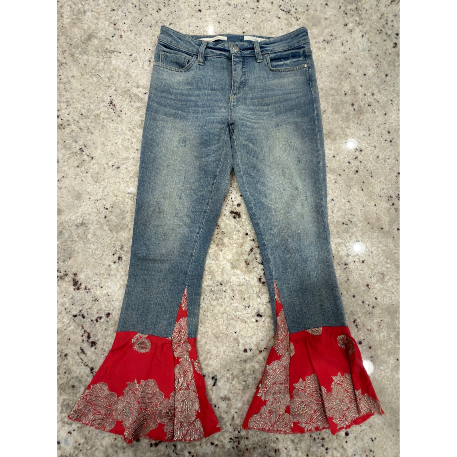 Pilcro Anthropologie Script Jeans Size 26 Flare Red Brocade Hem