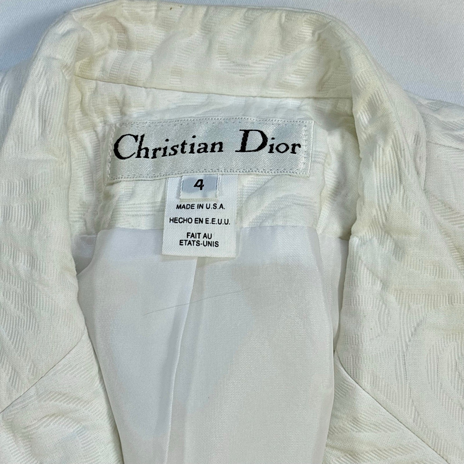 1980s Christian Dior Skirt Suit Textured Cotton Off White Blazer Pencil Skirt