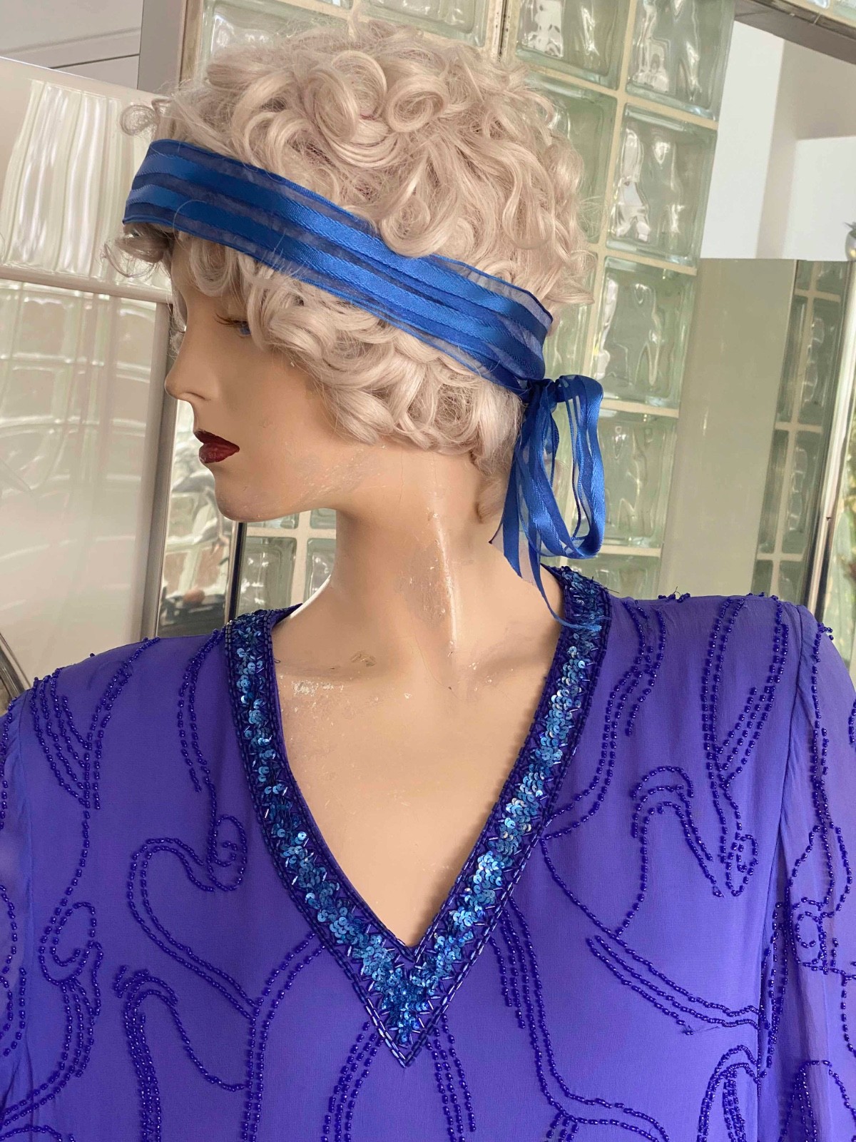 VTG Blue Silk Beaded Drop waist Layer Dress 1920s Flapper Inspired Size L-XL