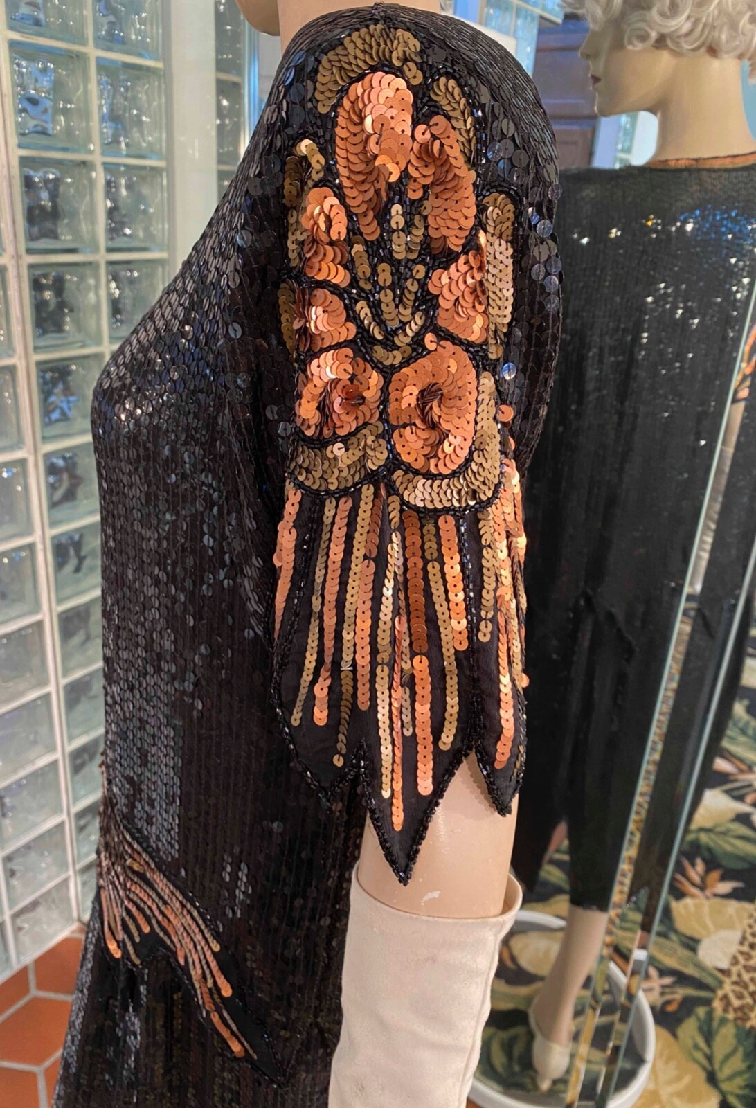 VTG 100% SILK Flapper Gatsby Dress Black Sequin set Skirt & Top size ML