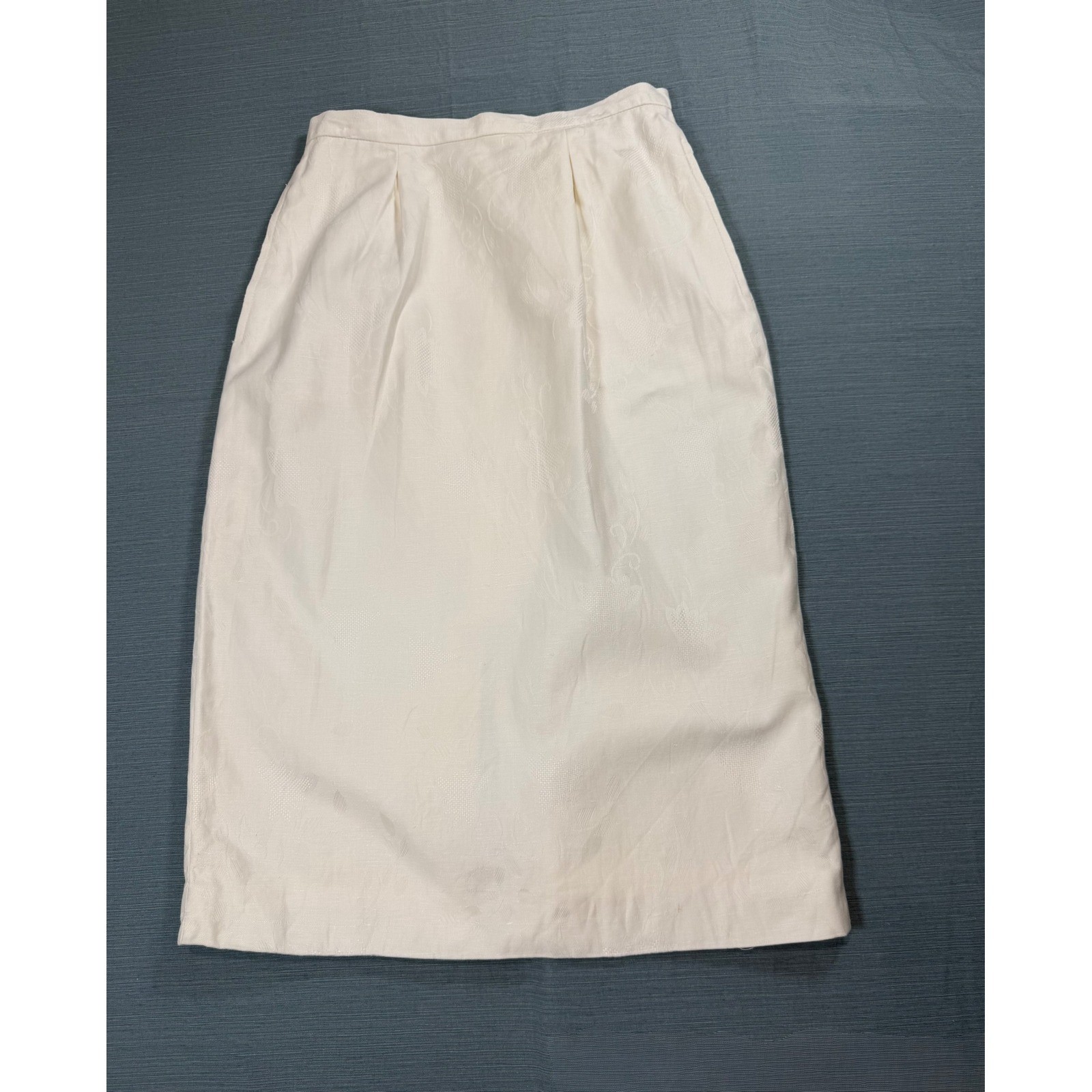 Vintage ILGWU White Jacquard Midi Skirt Cotton Linen Floral Damask Pencil Sz 8