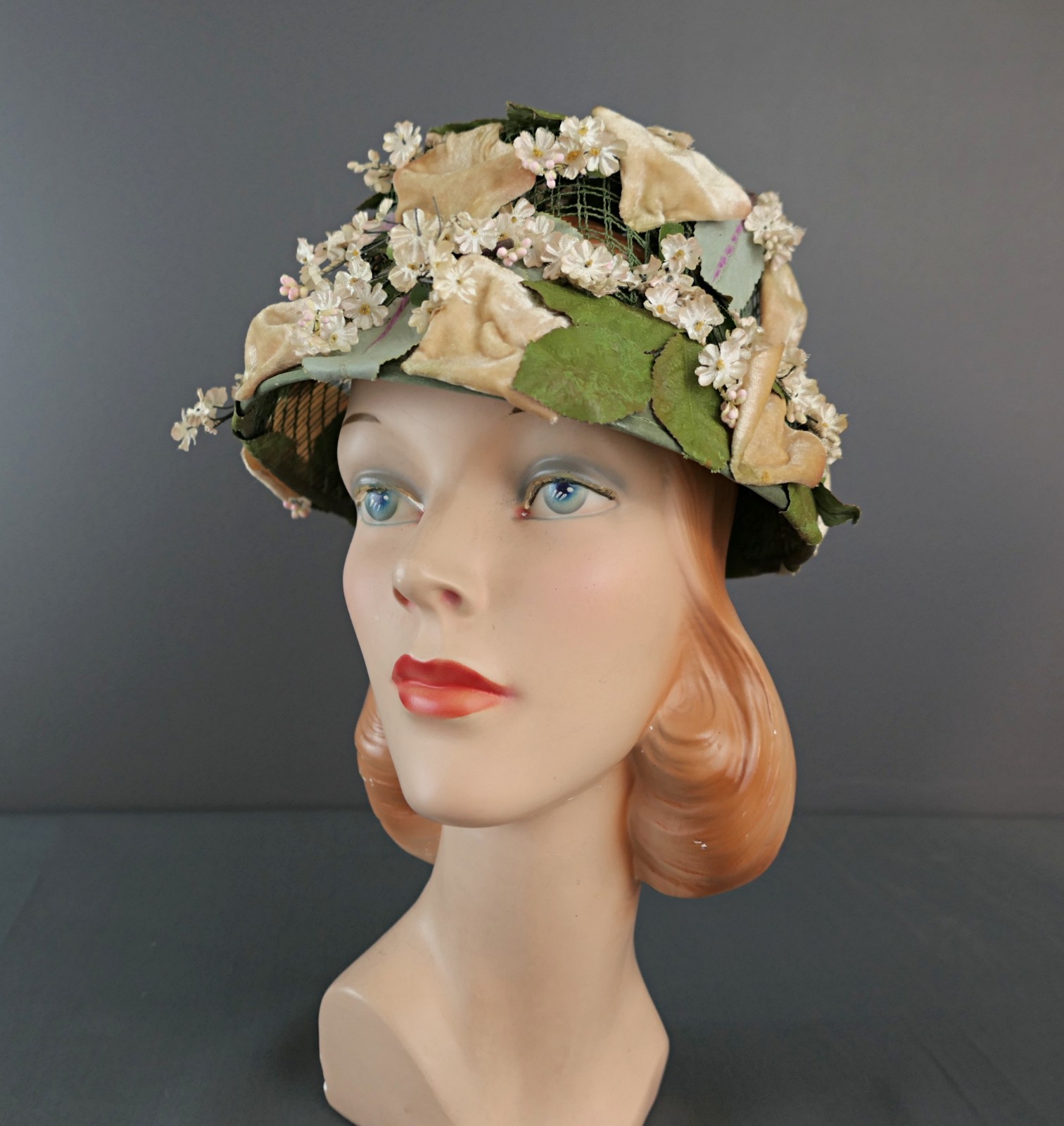 Vintage Green Mesh Hat with Leaves and Tiny Flowers, 1960s 22 inch head