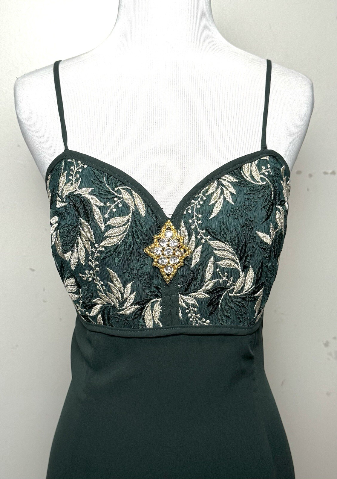 Vtg 90s Formal Gown M Embroidery Bodice Rhinestone Brooch Emerald Green Occasion