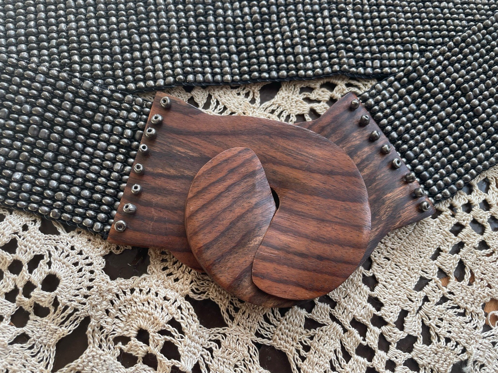 Vintage Boho Beaded Stretch Belt Silver Beads Wooden Hand Carved Buckle OS
