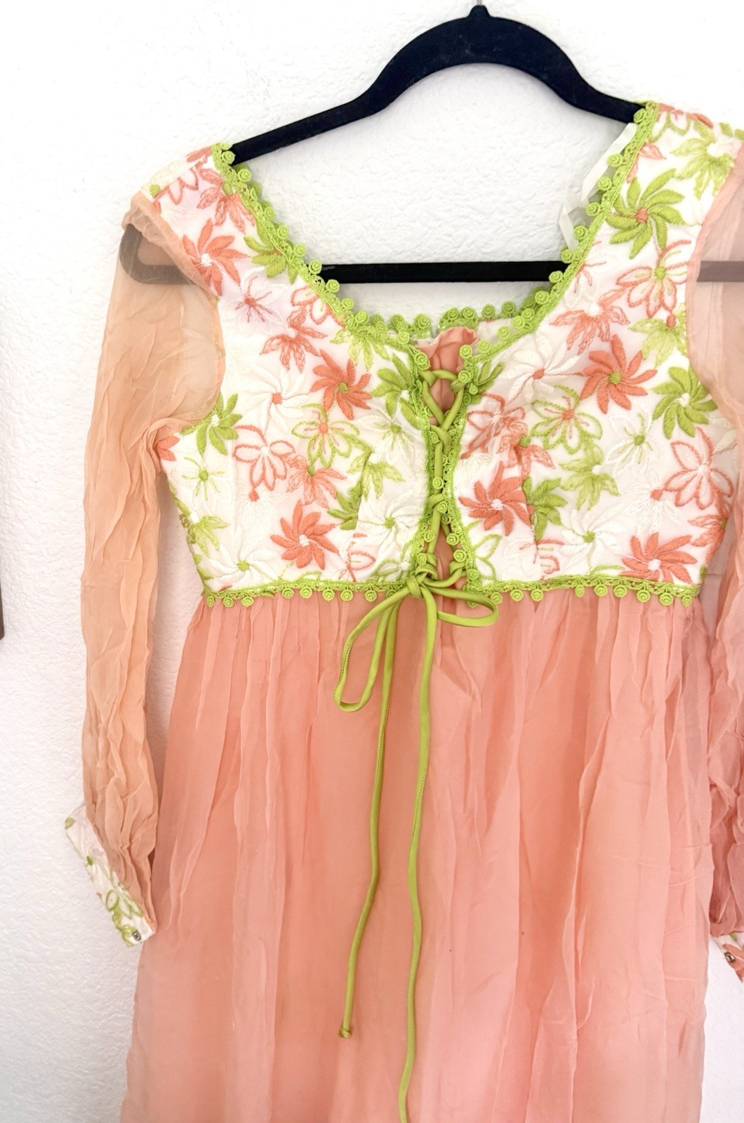 Vintage 60s Dress Embroidered Floral Chiffon Union Made Lace Up Bodice Boho READ
