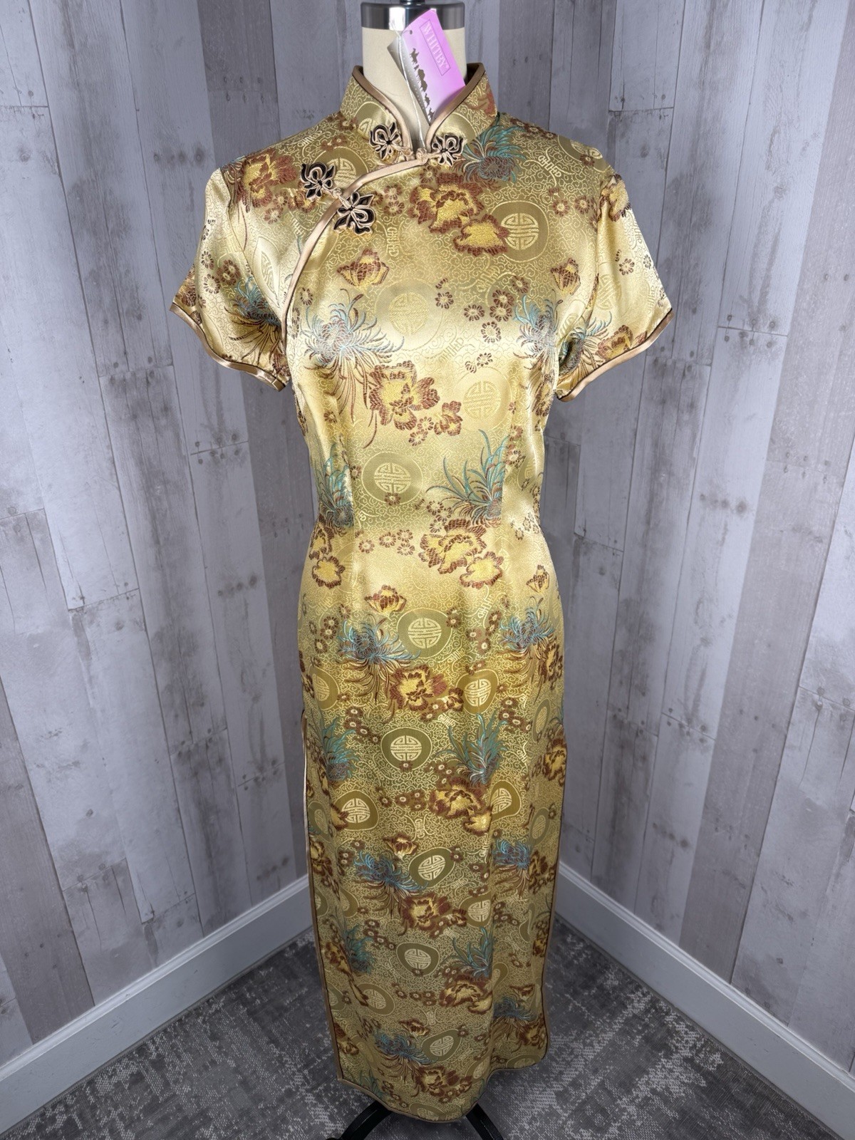 Vintage Cheongsam Dress Gold Satin Brocade Qipao Floral Deadstock S/M