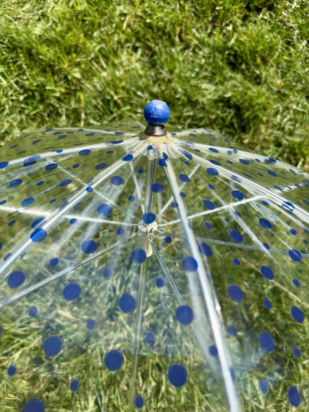 Vintage 60s Mod Clear Blue Polkadot Vinyl Bubble Top Umbrella
