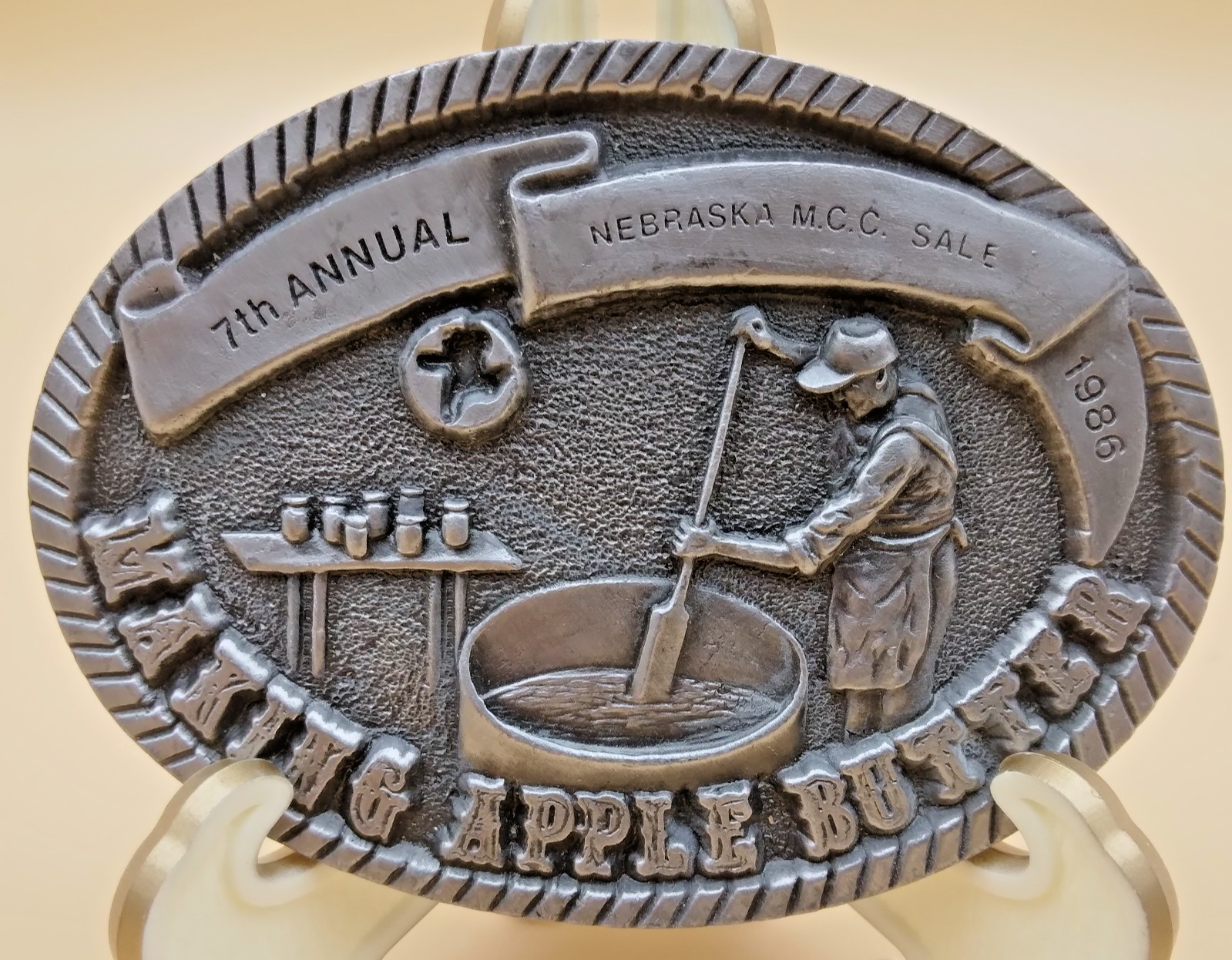 Vtg Belt Buckle Nebraska MCC Sale Making Apple Butter 338/400 7th Annual 1986
