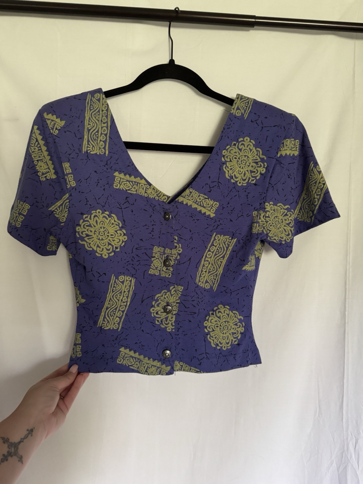 Vintage 90s IN2 Crop Top Womens Small Purple Green Batik Cotton V-Neck Made USA