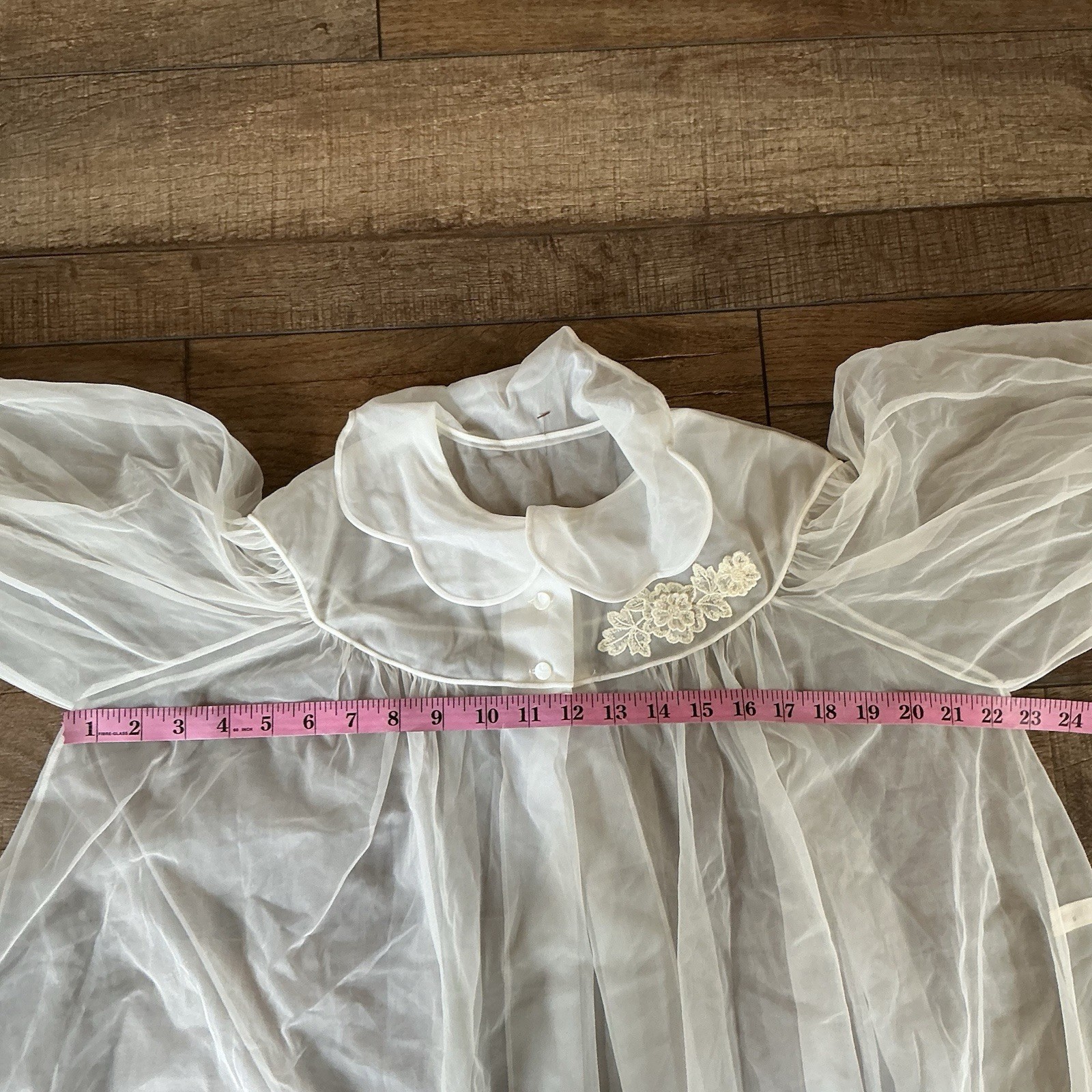 70s VTG Shadowline Sheer Nylon Peignoir Robe White Puff Sleeve Women’s S #231118