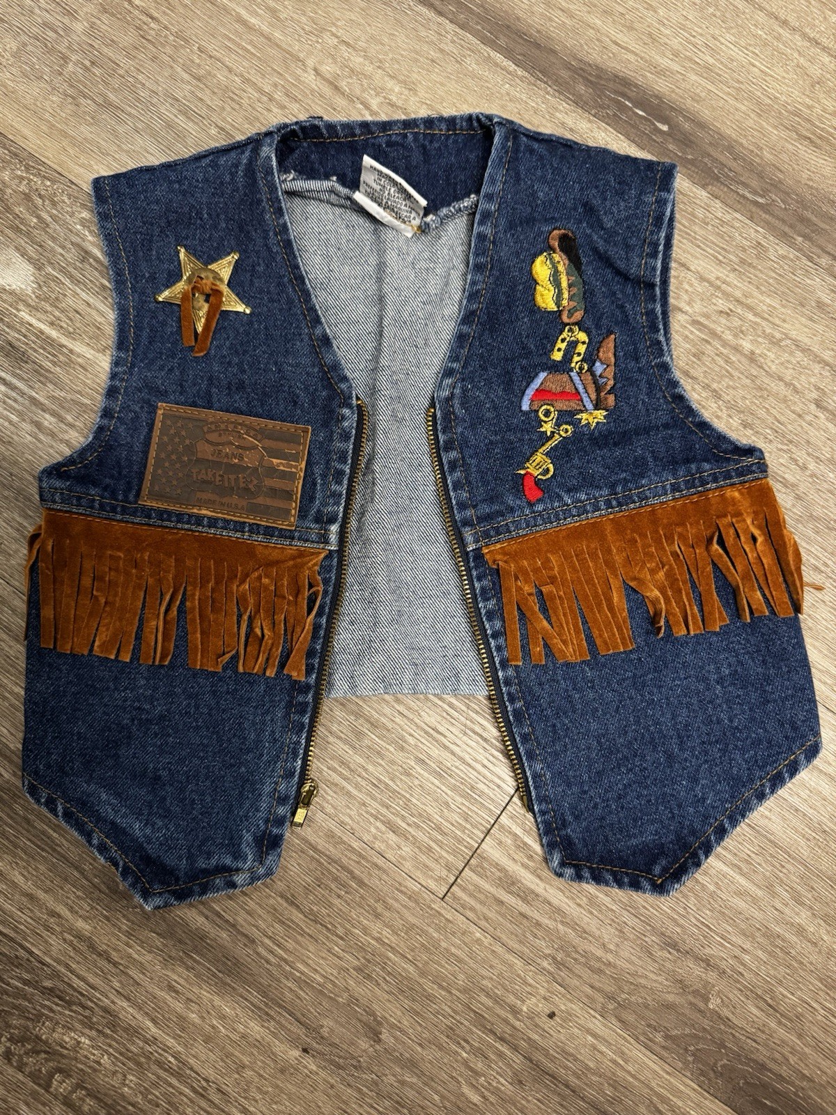 Vintage Take It-Ez Kids Unisex Denim Vest Size 1-2 Blue/Brown Fringe Zip Front