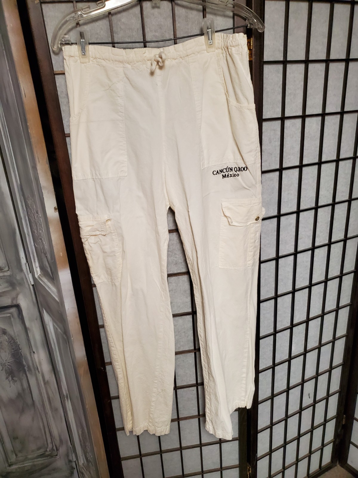 vtg pants Drawstring gauze Embroidered CANCUN Q.ROO MEXICO men S cargo Pockets