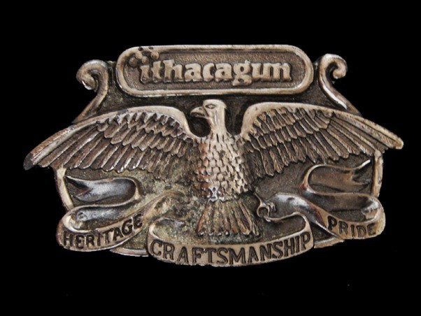 NF17163 VINTAGE 1975 **ITHACAGUN** GUN/FIREARMS PEWTER BELT BUCKLE