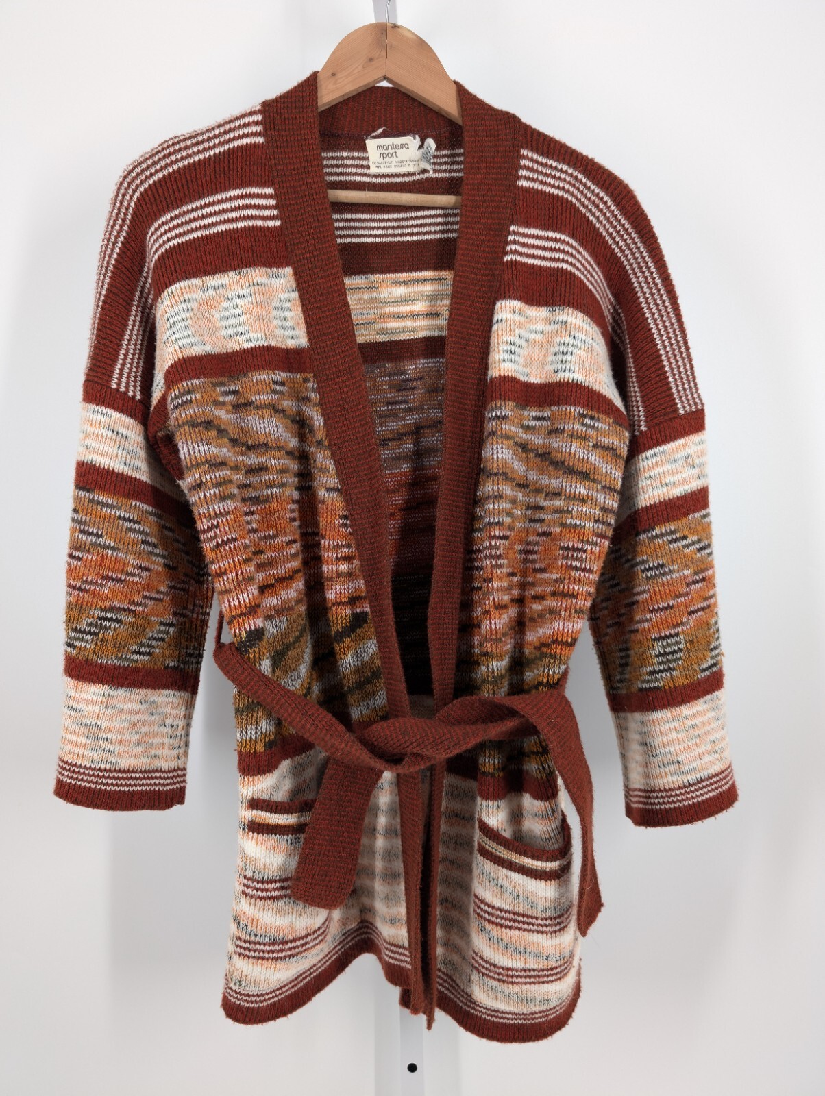 Vintage 70s Boho Lebowski Geometric Art Belted Cardigan Sweater Rockabilly Knit
