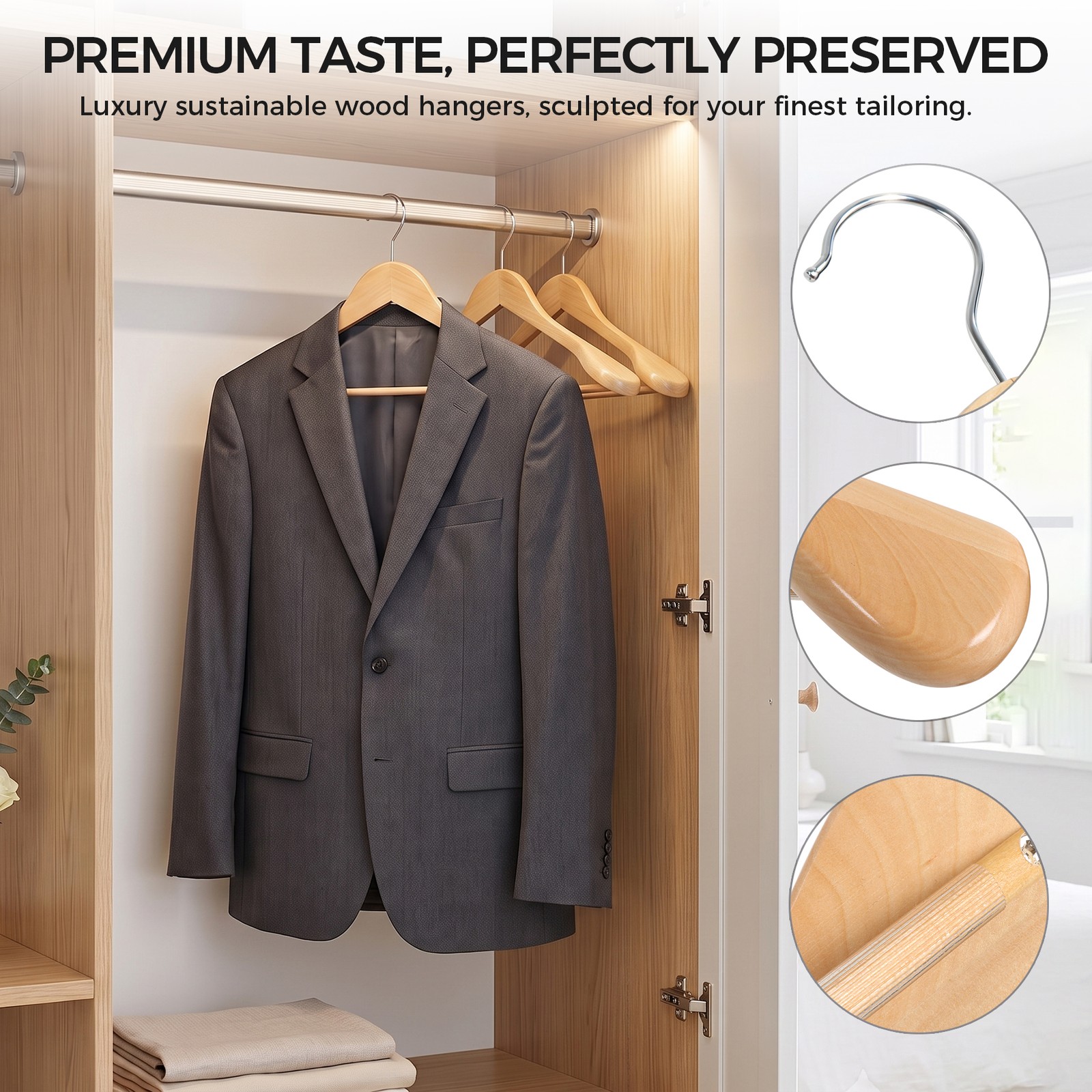24 Pack Non-Slip Wood Suit Hangers with 360° Hook for Closet & Wardrobe Natural