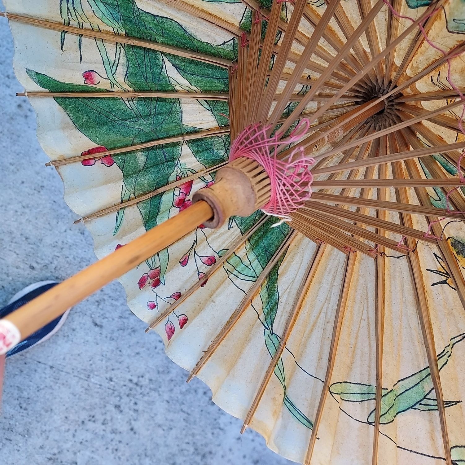 Vintage Hand-Painted Paper Parasol With Frog & Floral Design 16 inches across