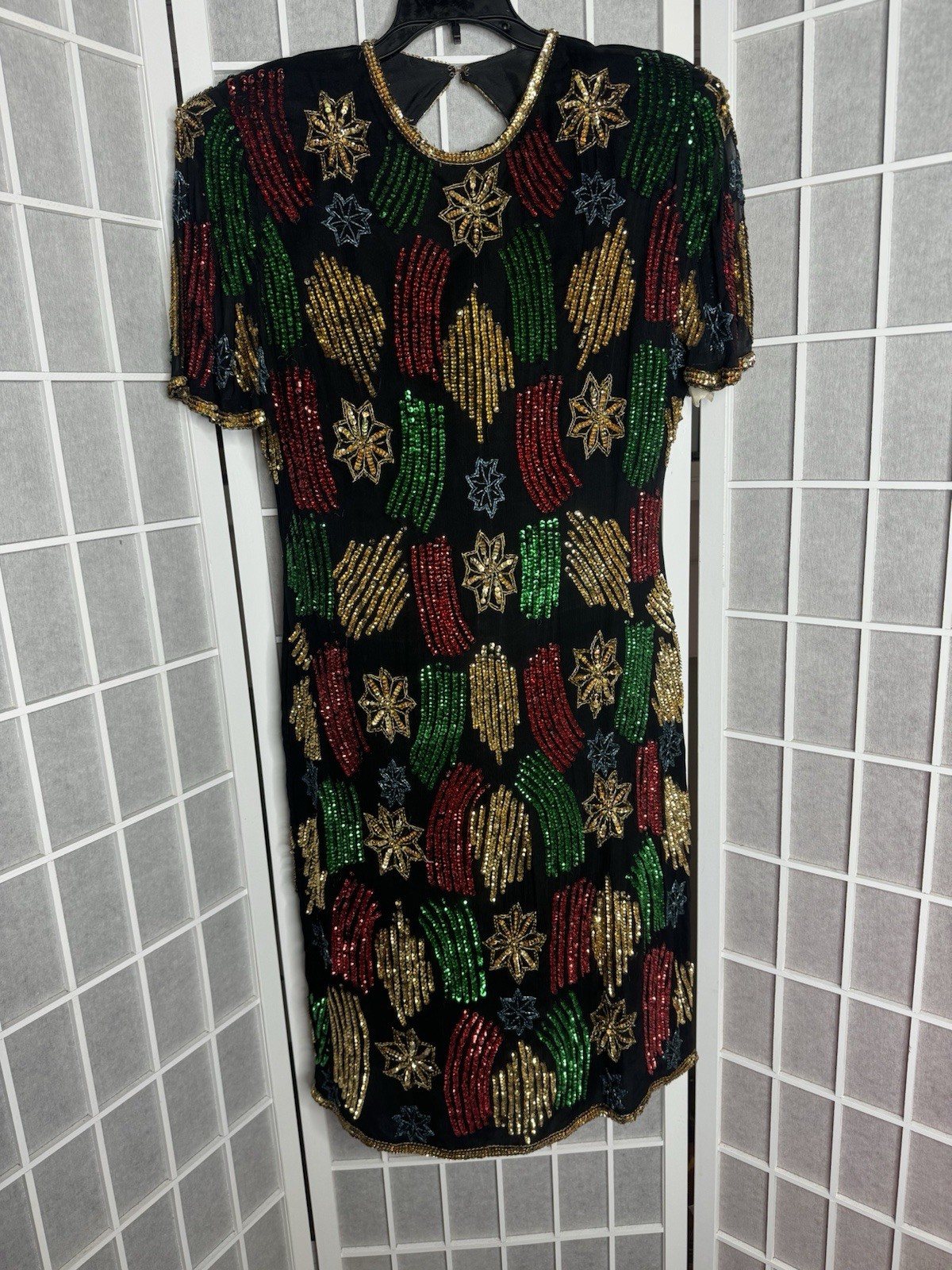 Multi Color Vintage 80s Stars Sequin Beaded Silk Formal Party Dress Medium