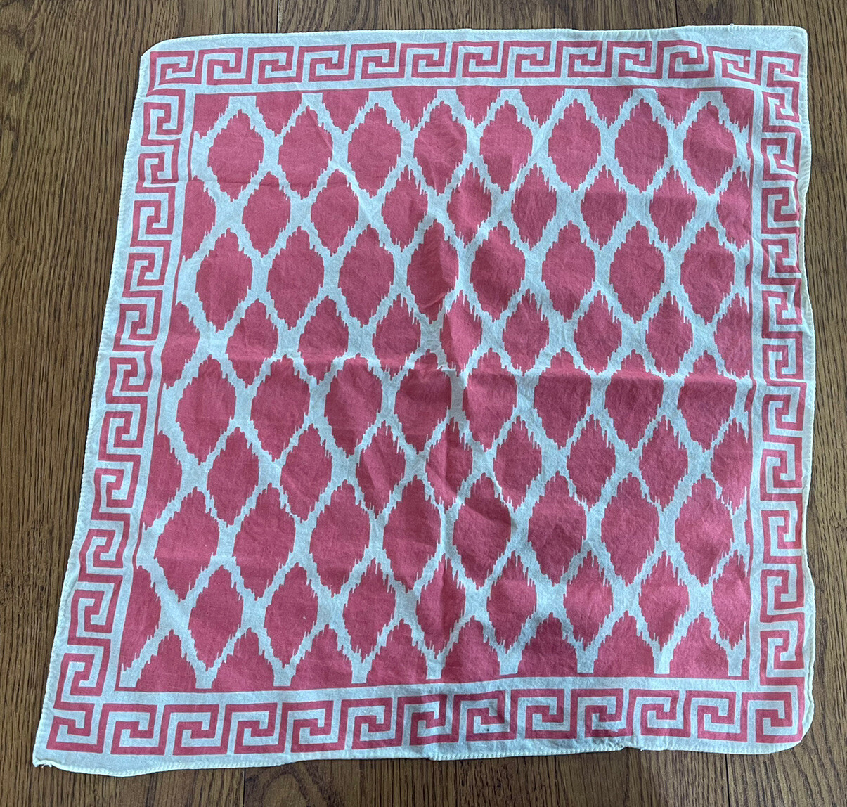 Vintage Coral Pink Cream Bandana Greek Key Diamond Print 19.5”x20.5”