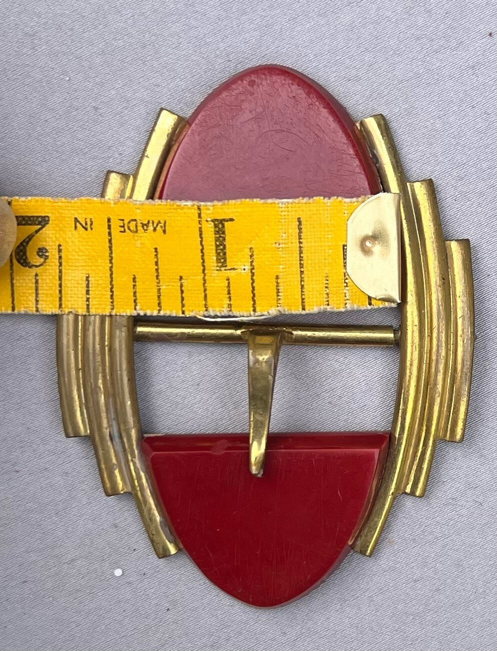 Gold Tone & Red Antique Belt Buckle w/ Prong Mark Czechoslovakia BB102
