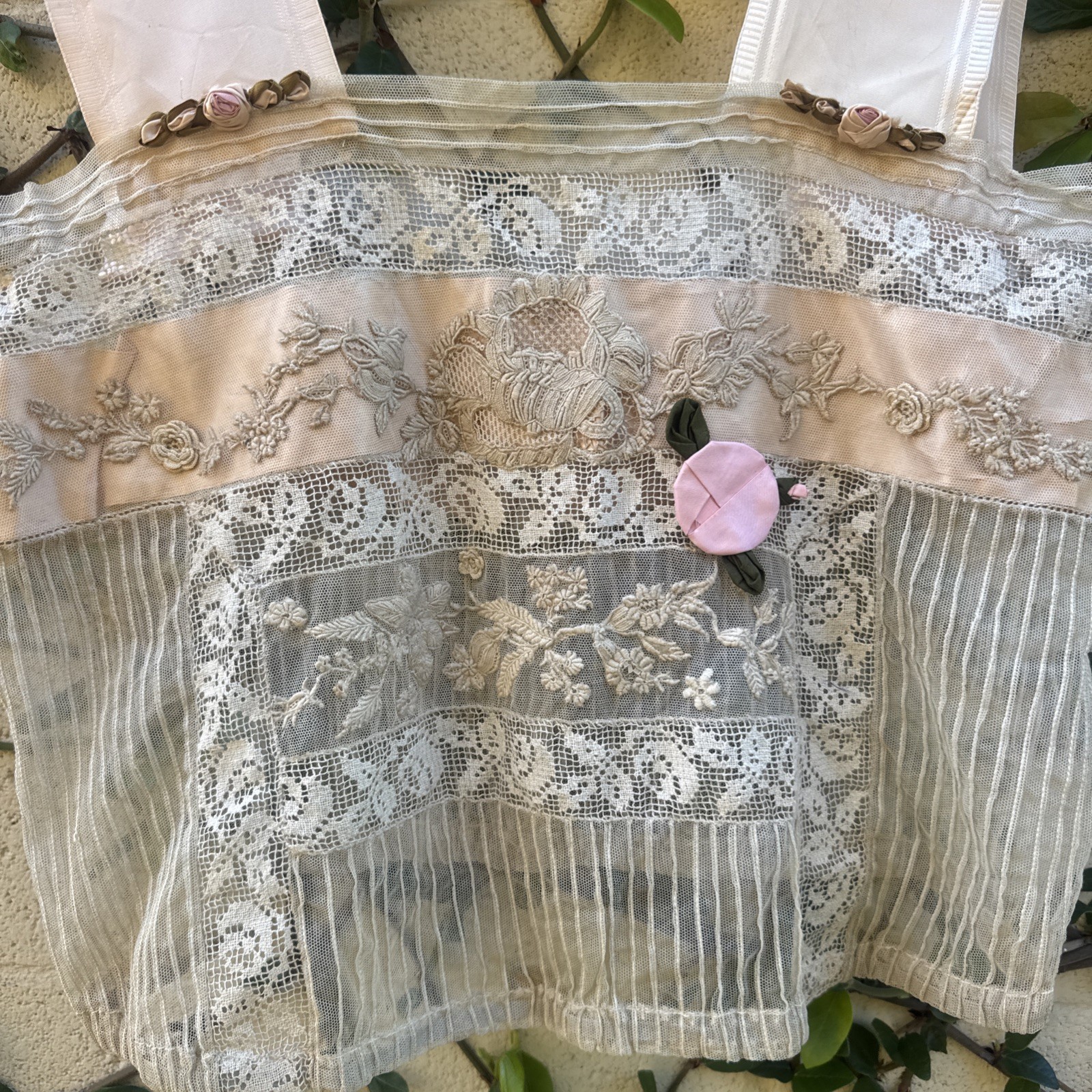Antique Edwardian Mixed Net Lace Camisole Silk Flowers Dress Blouse Vintage