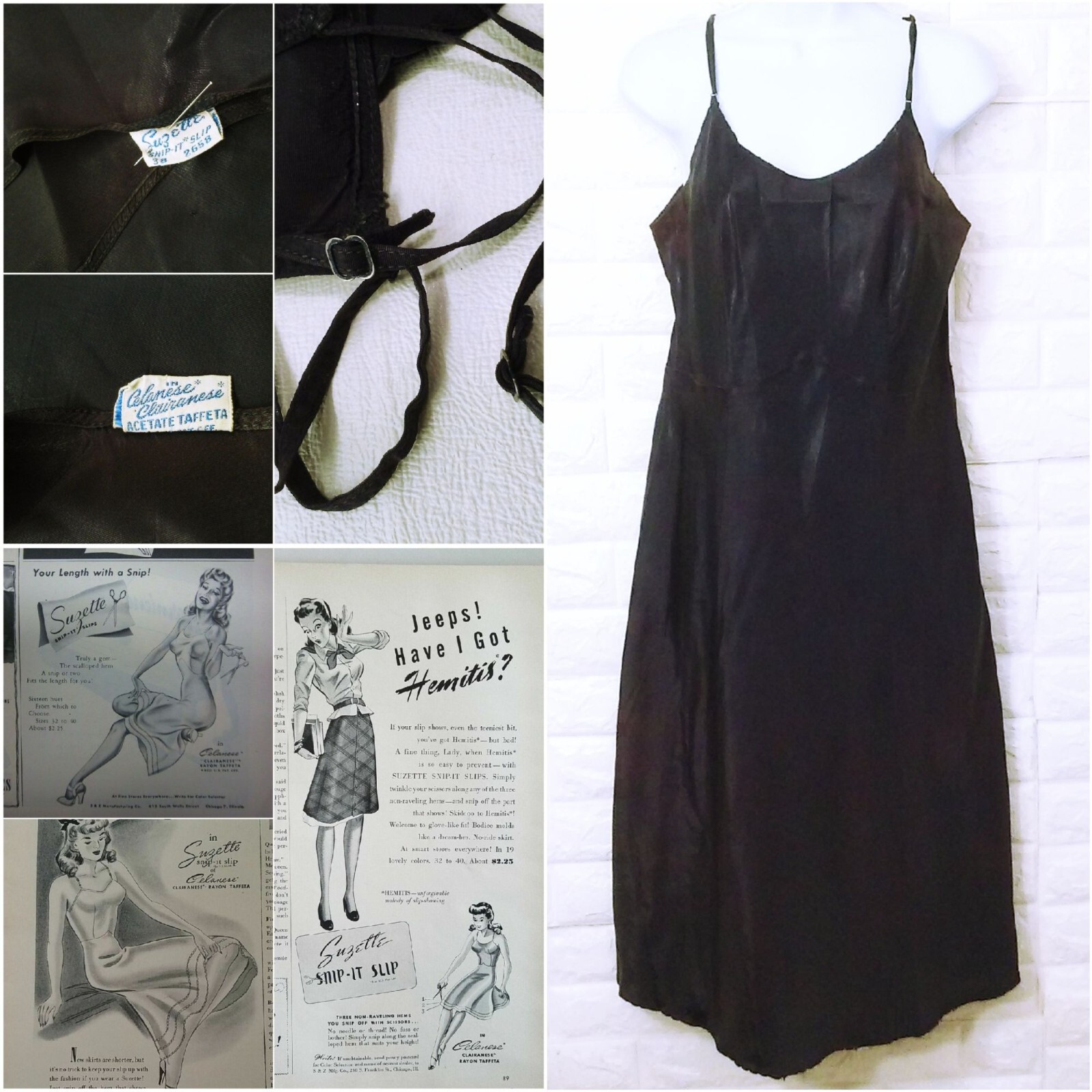 Vintage 1940s Suzette Snip-It Full Slip Dress -38 Celanese Taffeta Strappy Navy