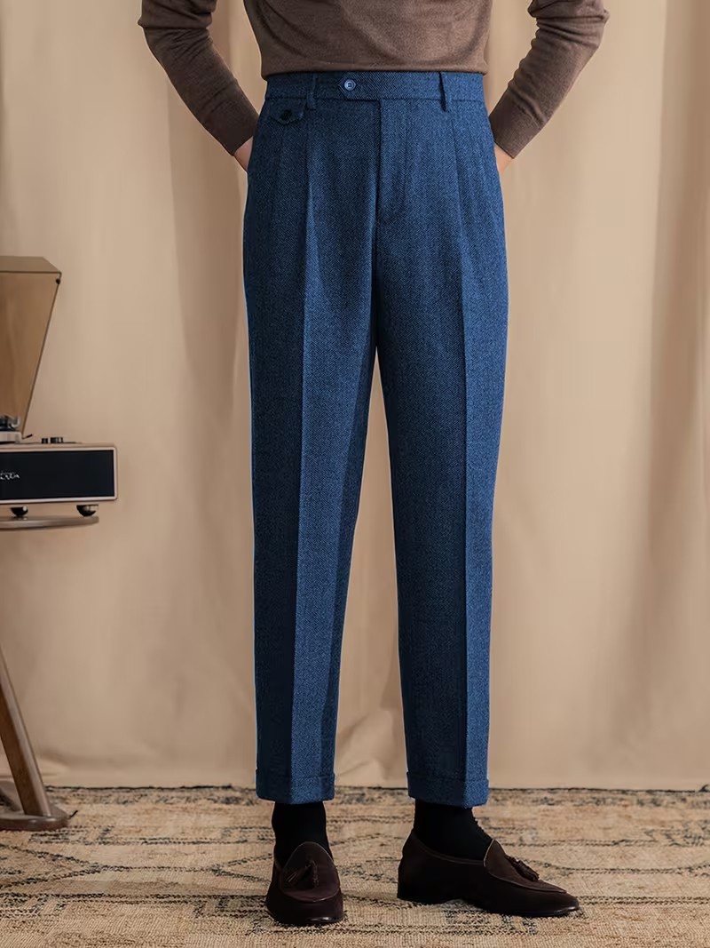 Tweed Herringbone Mens Trousers Slacks Pleated Pants for Formal Casual Work Wear