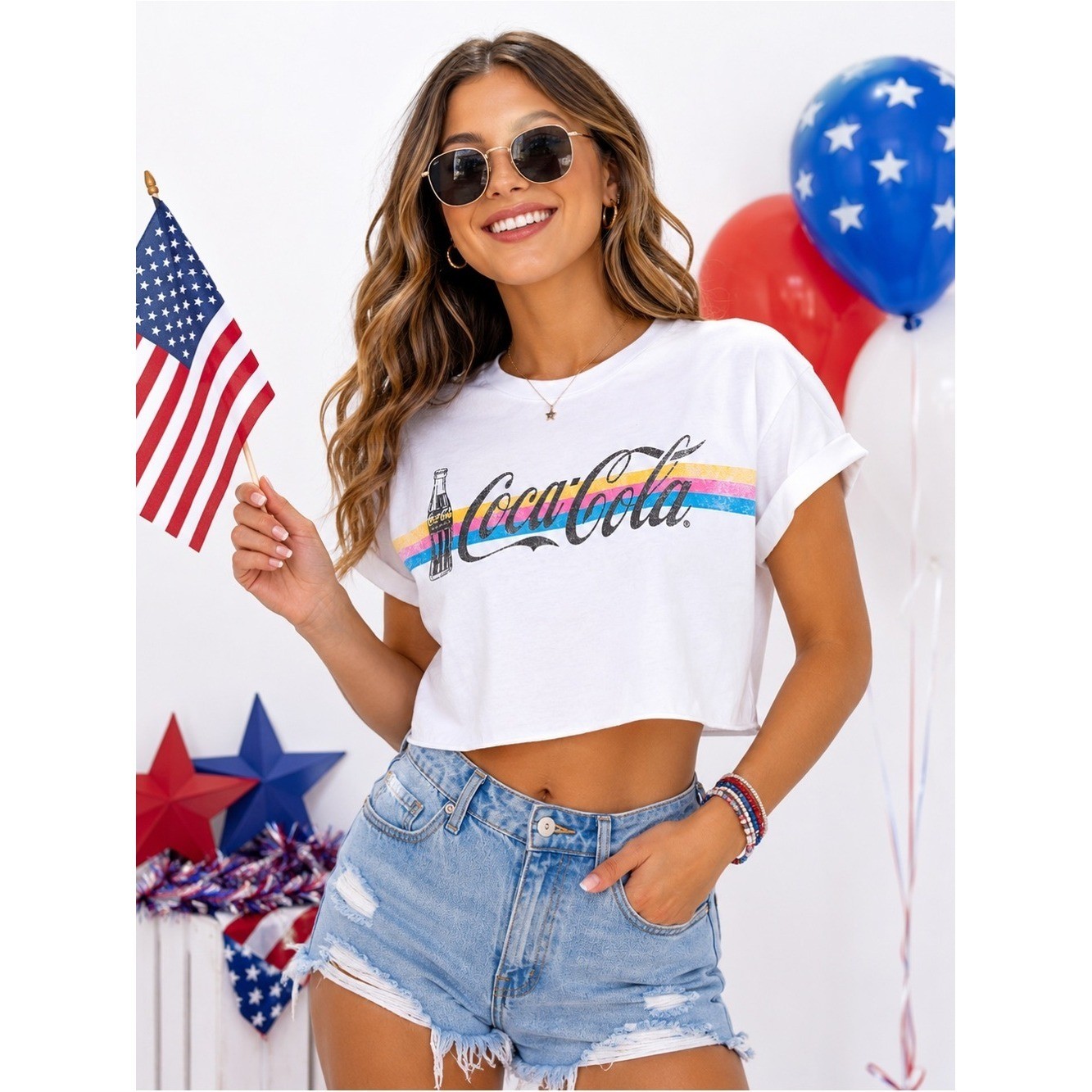 Coca-Cola White Graphic Tee with Retro Stripes Large