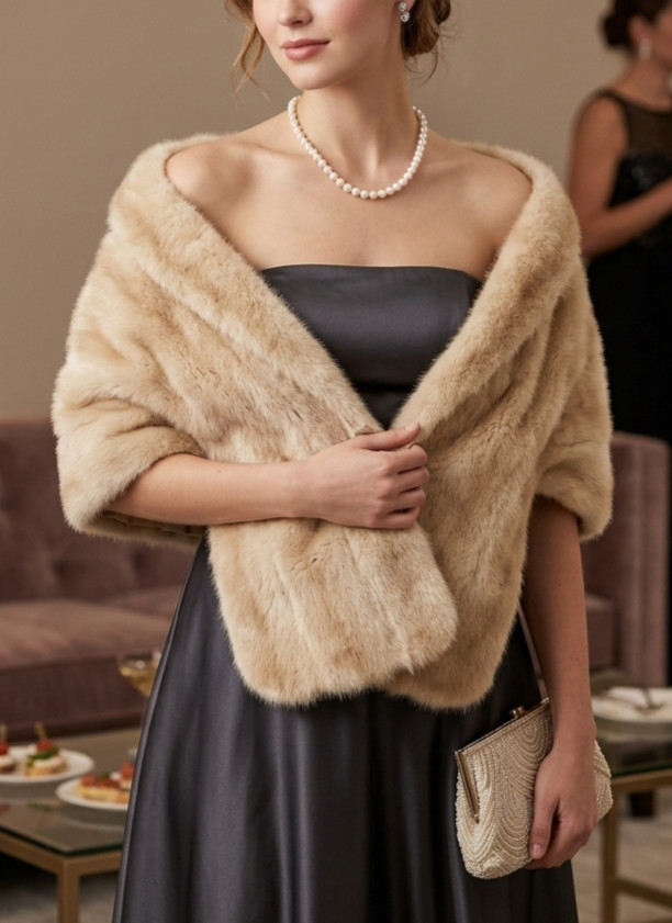 Vintage Faux Fur Wrap Honey Stole Bridal Wedding Evening Cape Winter Shawl