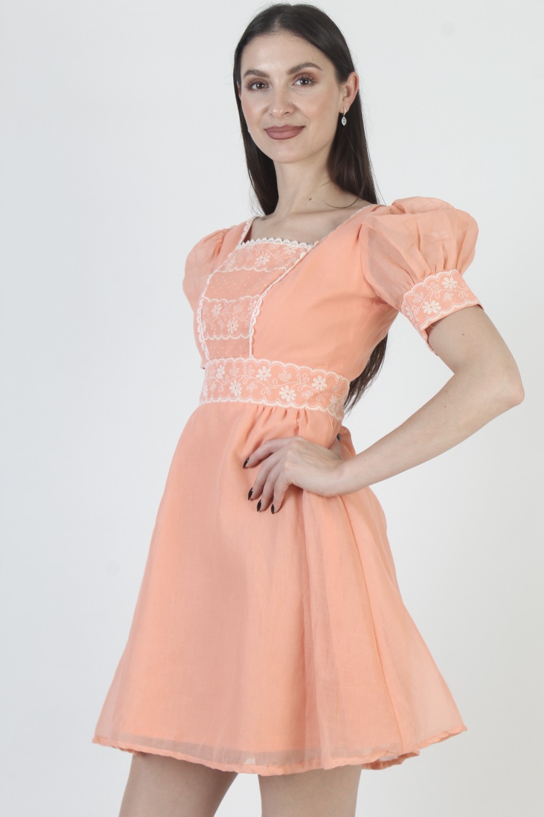 Vtg Peach Swiss Dot Dress High waist Boho Puff Slv Prairie Peasant Mini Skirt