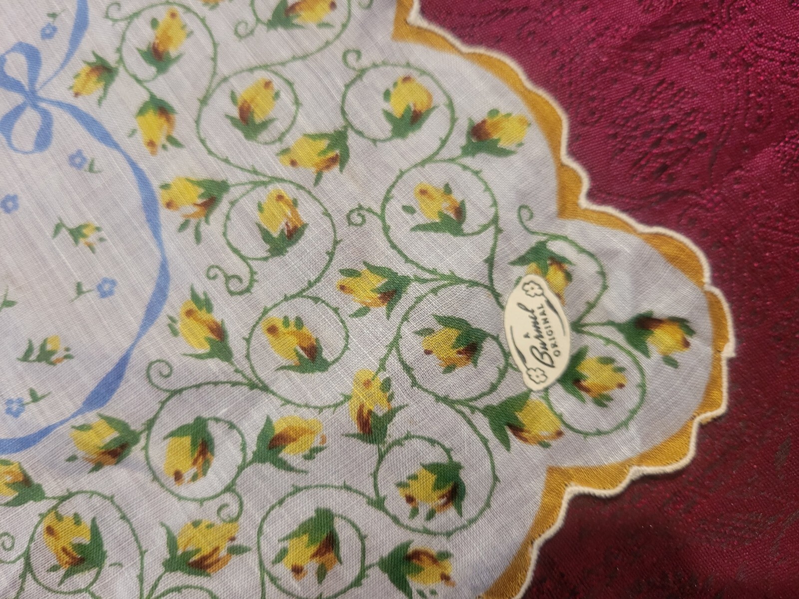 NWT Vintage Burmel~~White w/ Blue Ribbon and Yellow Floral Hanky~ 13″ Hanky