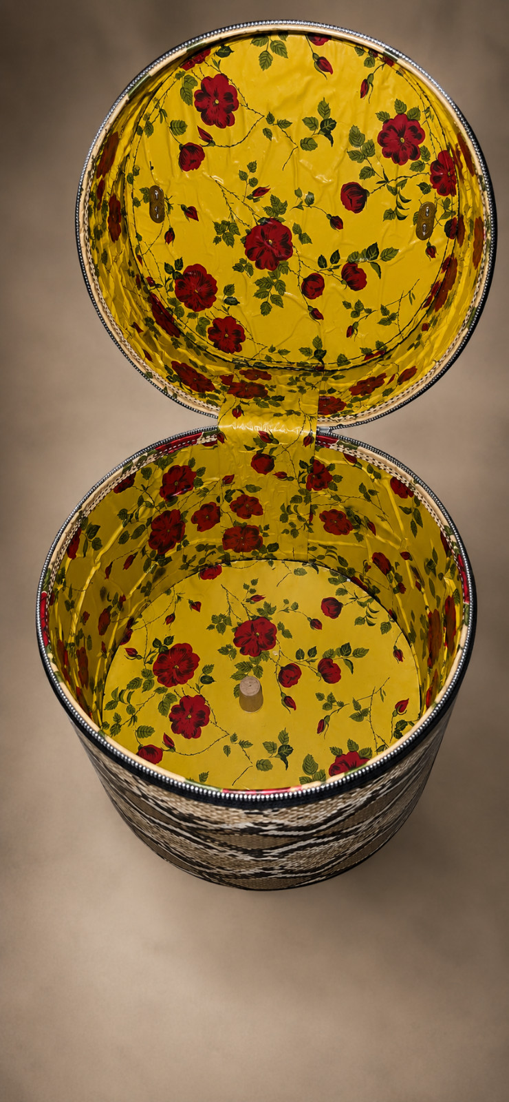 Vintage Round Hat Box – Faux Snakeskin Exterior with Vibrant Floral Interior