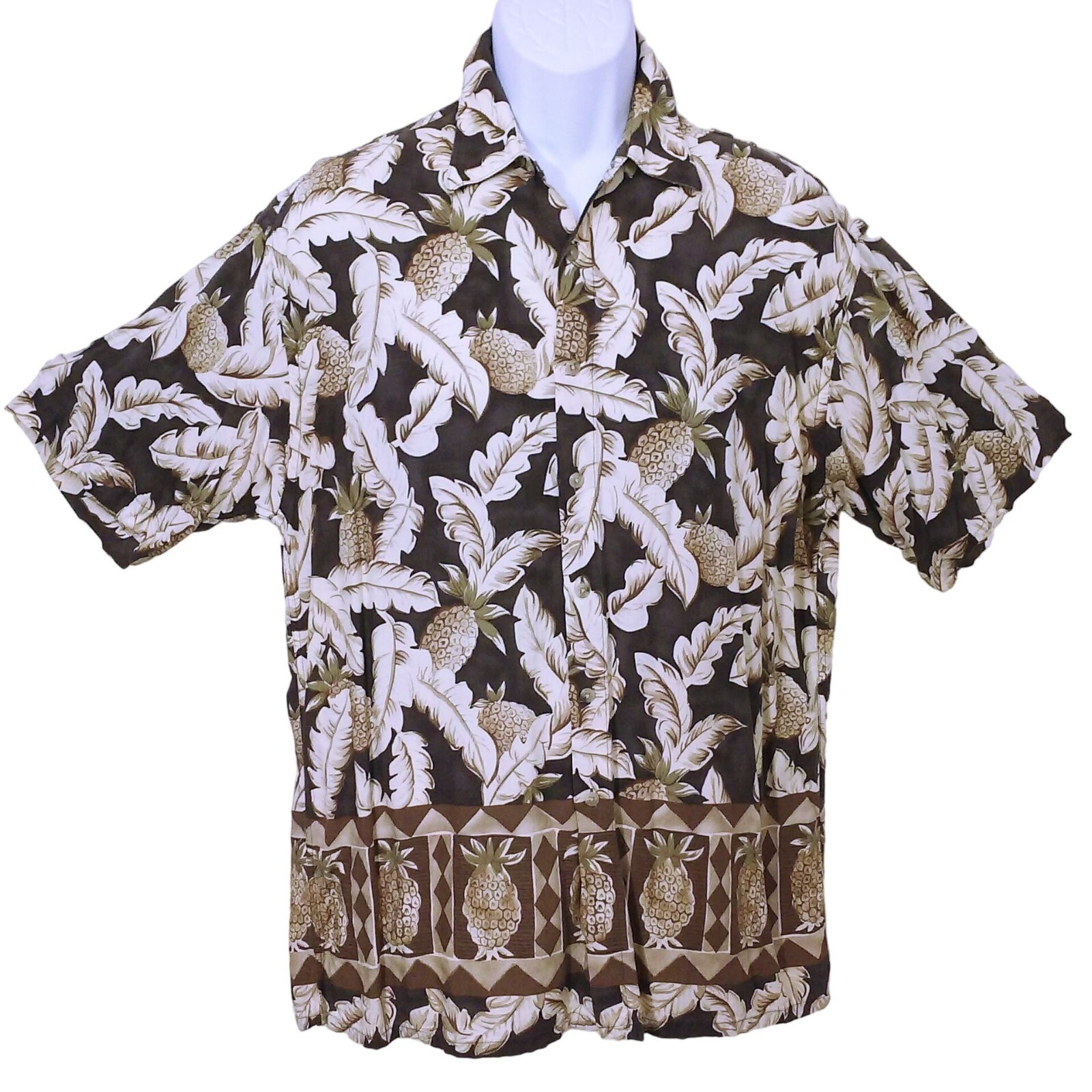 Vintage 80s Campia Moda Korea-Made Rayon Aloha Shirt -L Tropical Pineapple Palm