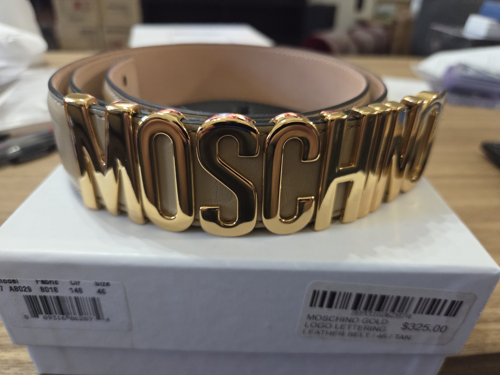 Moschino Couture Logo Gold Lettering Tan Leather Belt Size 46 Model 7 A8029