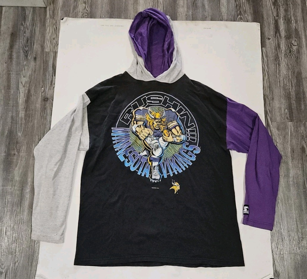 VTG Starter Minnesota Vikings Hooded Long Sleeve Shirt Big Graphic XL 90s NFL