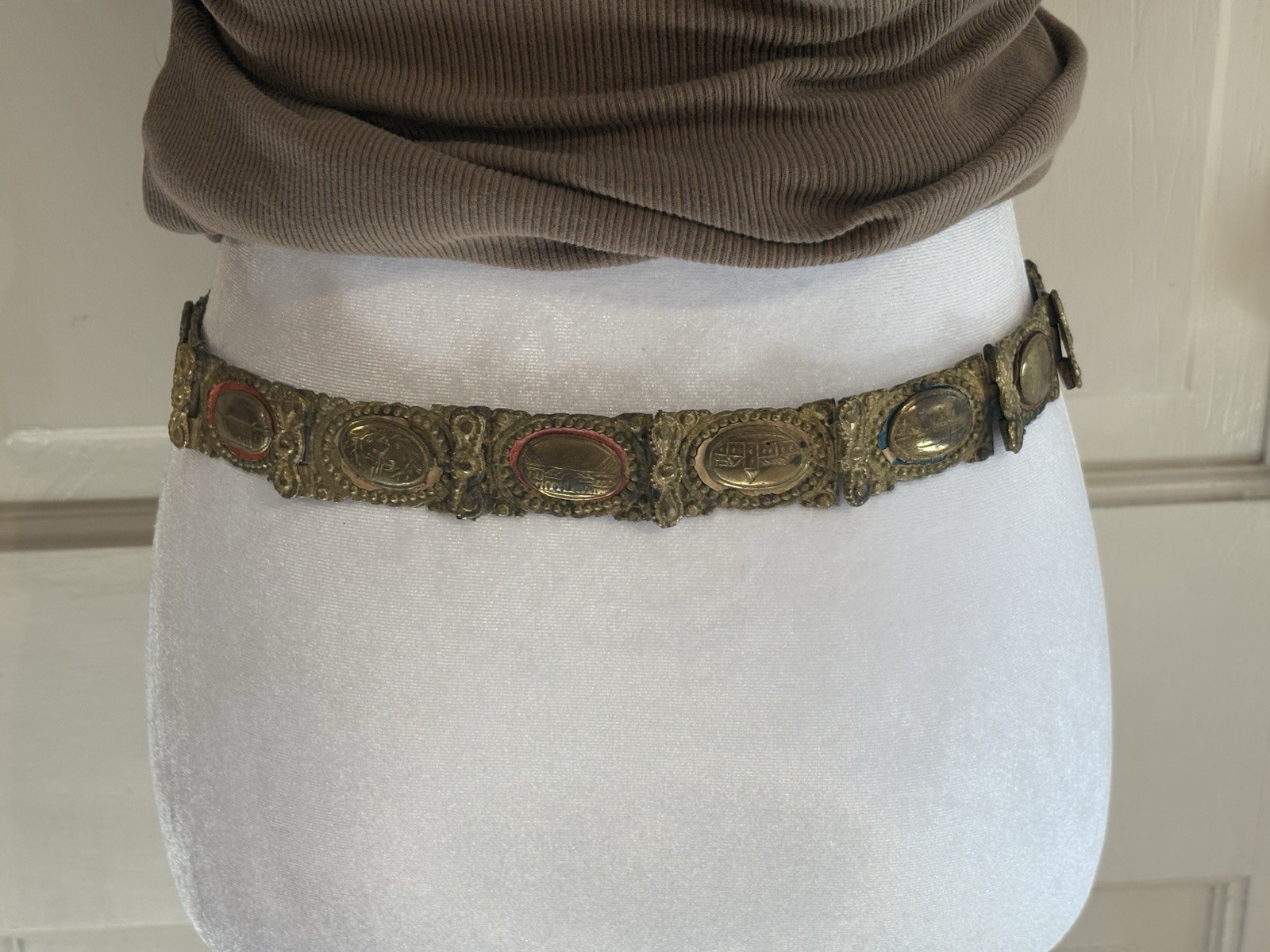 19th C Ottoman Empire Heavy Brass Belt Red Enamel Turkish Balkan Folk Art 35in