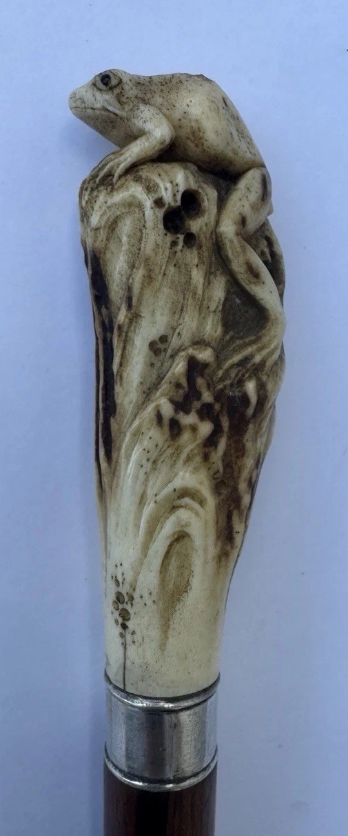 FINE MEIJI PERIOD JAPANESE HAND CARVED FROG ANTIQUE ROSEWOOD WALKING CANE STICK