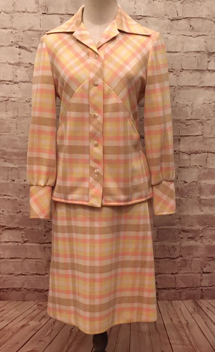 Vintage 60s Mod Skirt Jacket Set 8 Fem-E-Nits Yellow Peach Plaid