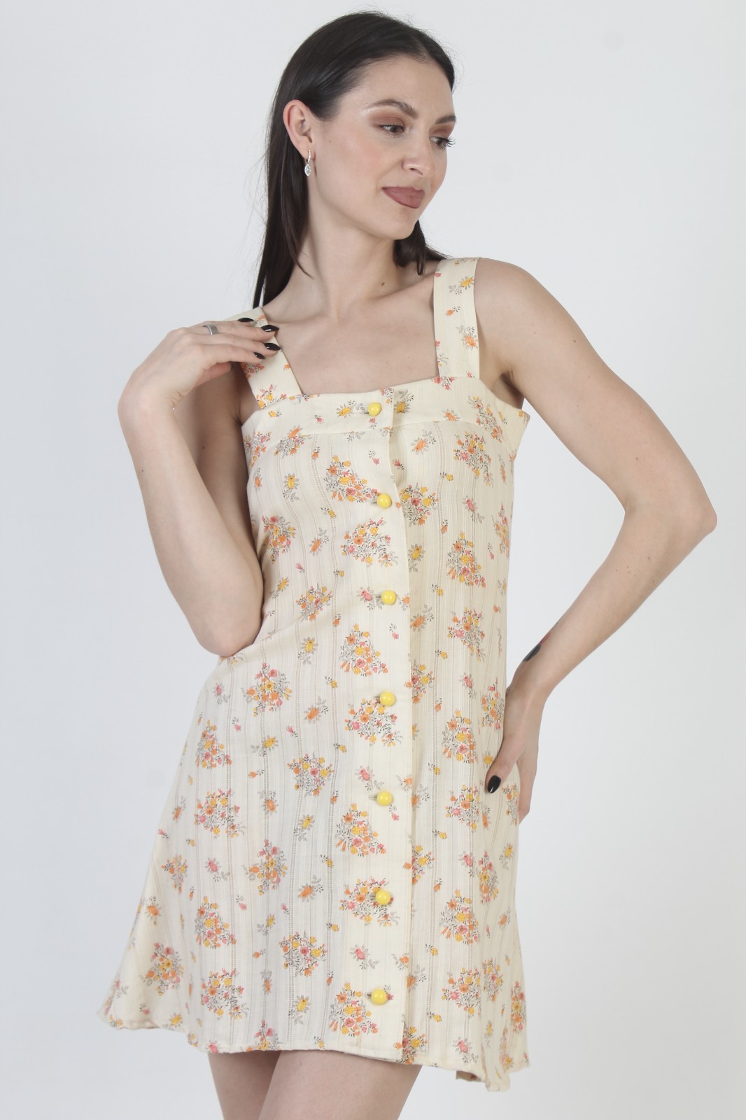 Vtg 70s Cream Floral Sundress Vertical Stripe Prairie Cottage Boho Hippie Dress