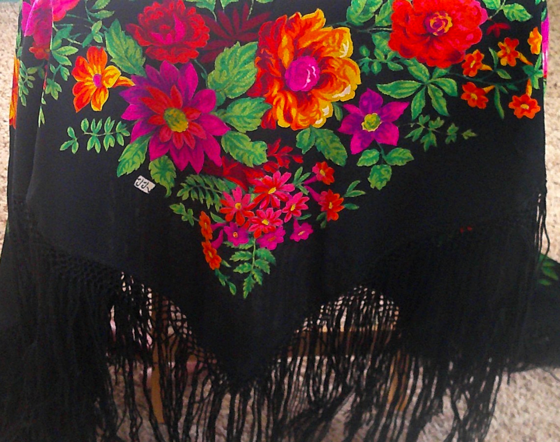 Piano Wrap Shawl Scarf Fringes Bright Floral 58X58 vintage, signed, Silk?