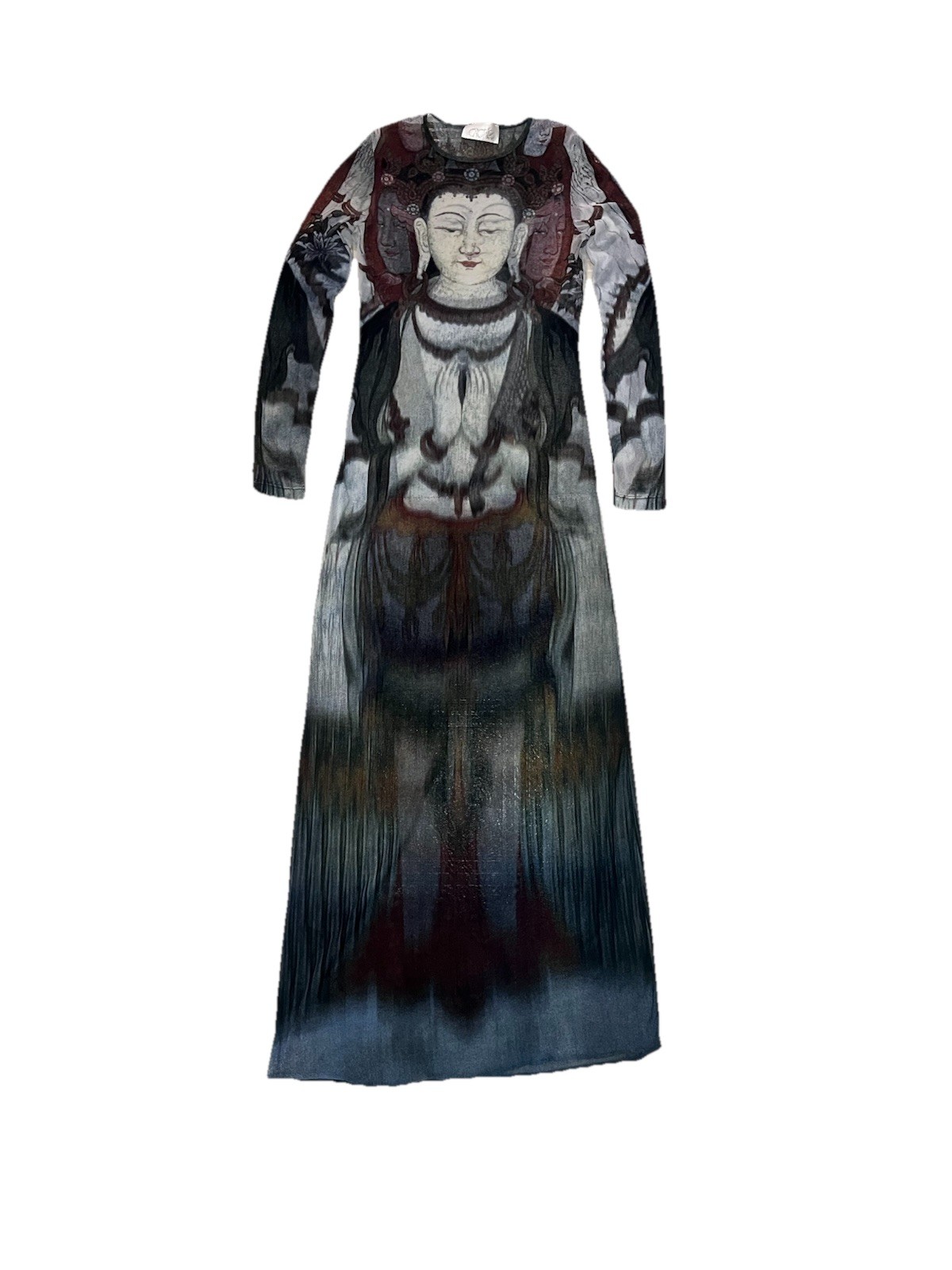 RARE 1997 VIVIENNE TAM CACHÉ SHEER MESH MAXI QUAN YIN PRINT BUDDHA L/S DRESS