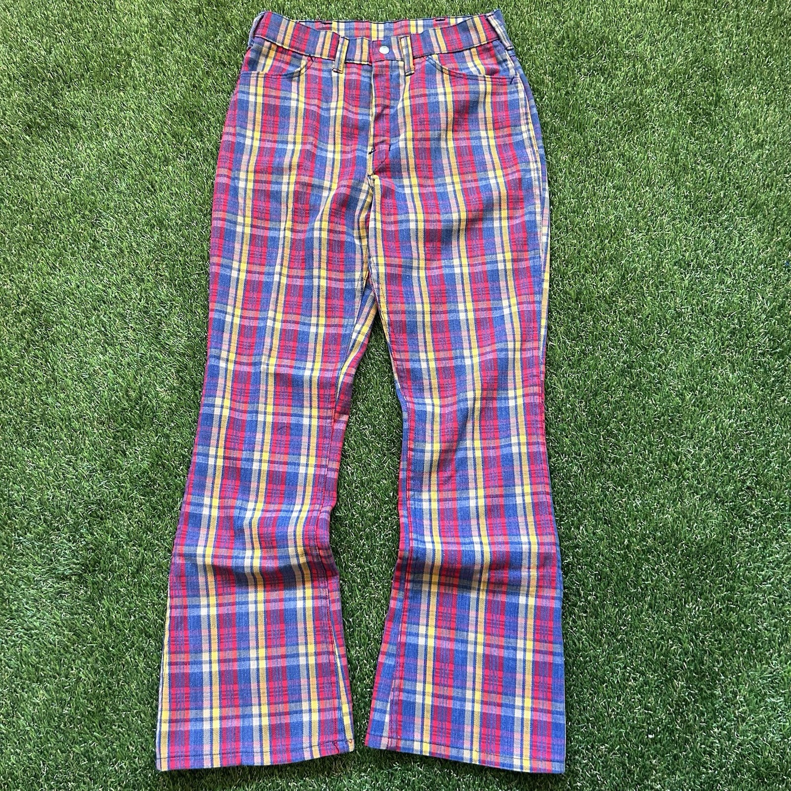 Vintage 70s Big Yank Plaid Flare Trousers Men 30×32 Red Blue Yellow Talon Disco