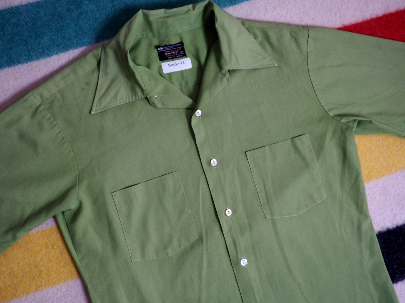 VTG 70s Penneys Towncraft Faded Green Pocket Polycotton Hippy Button Shirt M